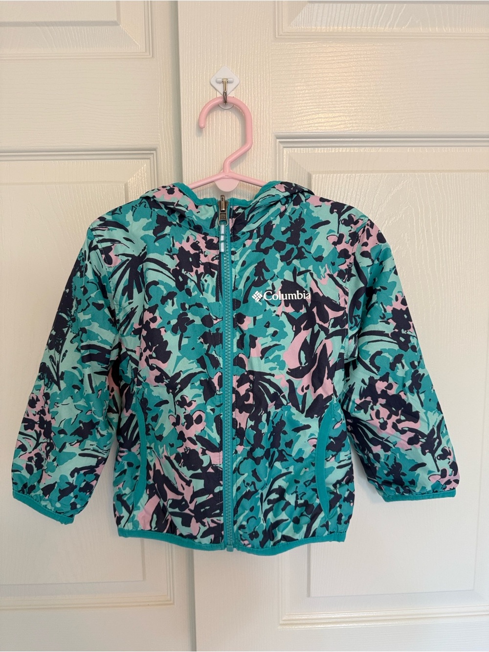 Columbia Girls’ Teal Navy Pink Floral Hooded Waterproof Reversible Light Jacket